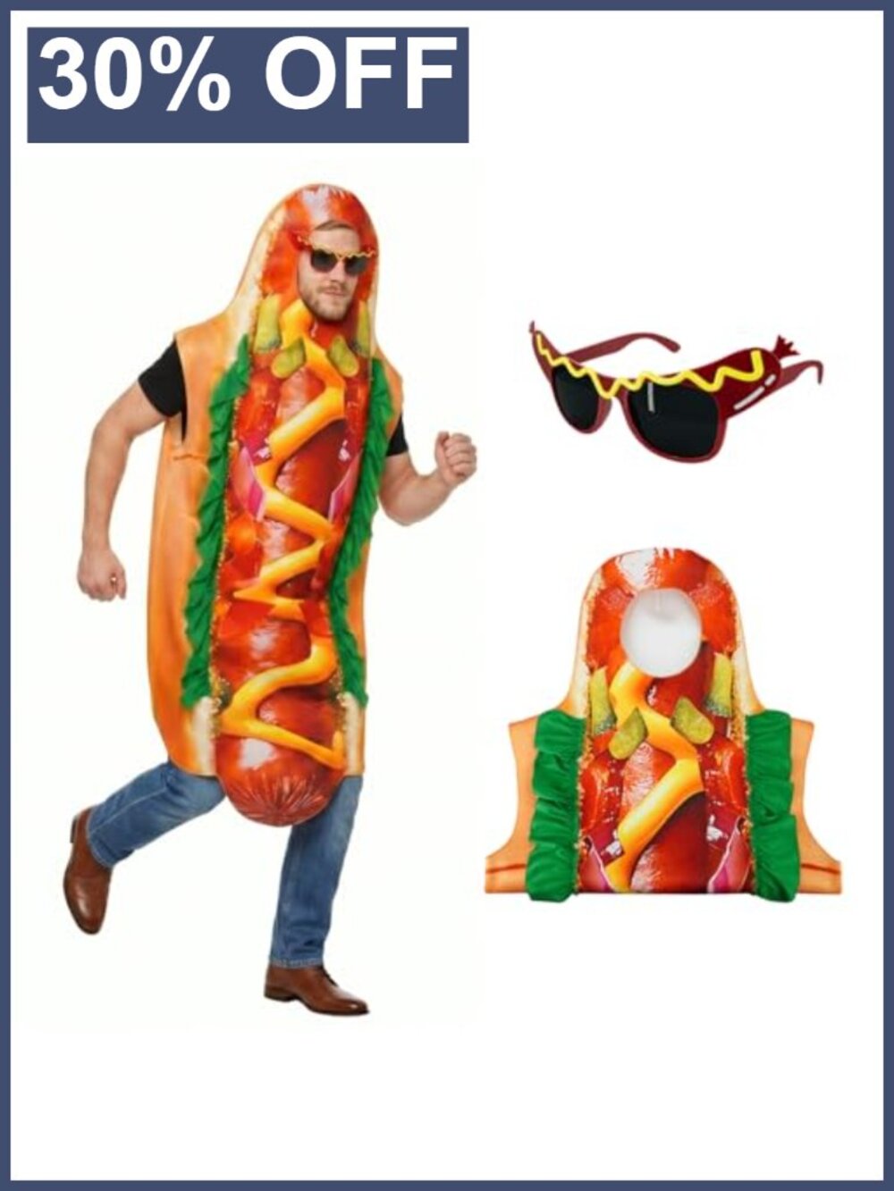 Adult Hot Dog Costume Funny Food Jumpsuit Sausage Glasses Halloween Cosplay